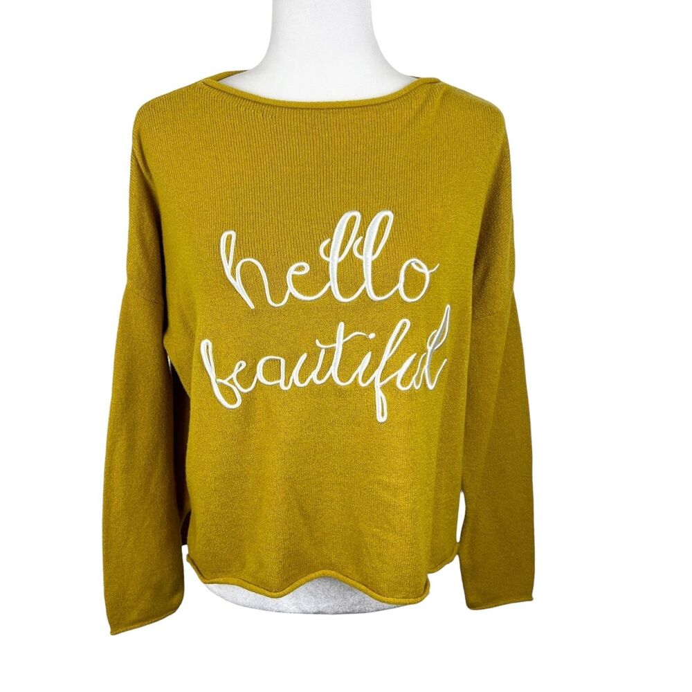 Gilli Hello Beautiful Sweater Women Small Yellow Pullover Embroidered Oversized